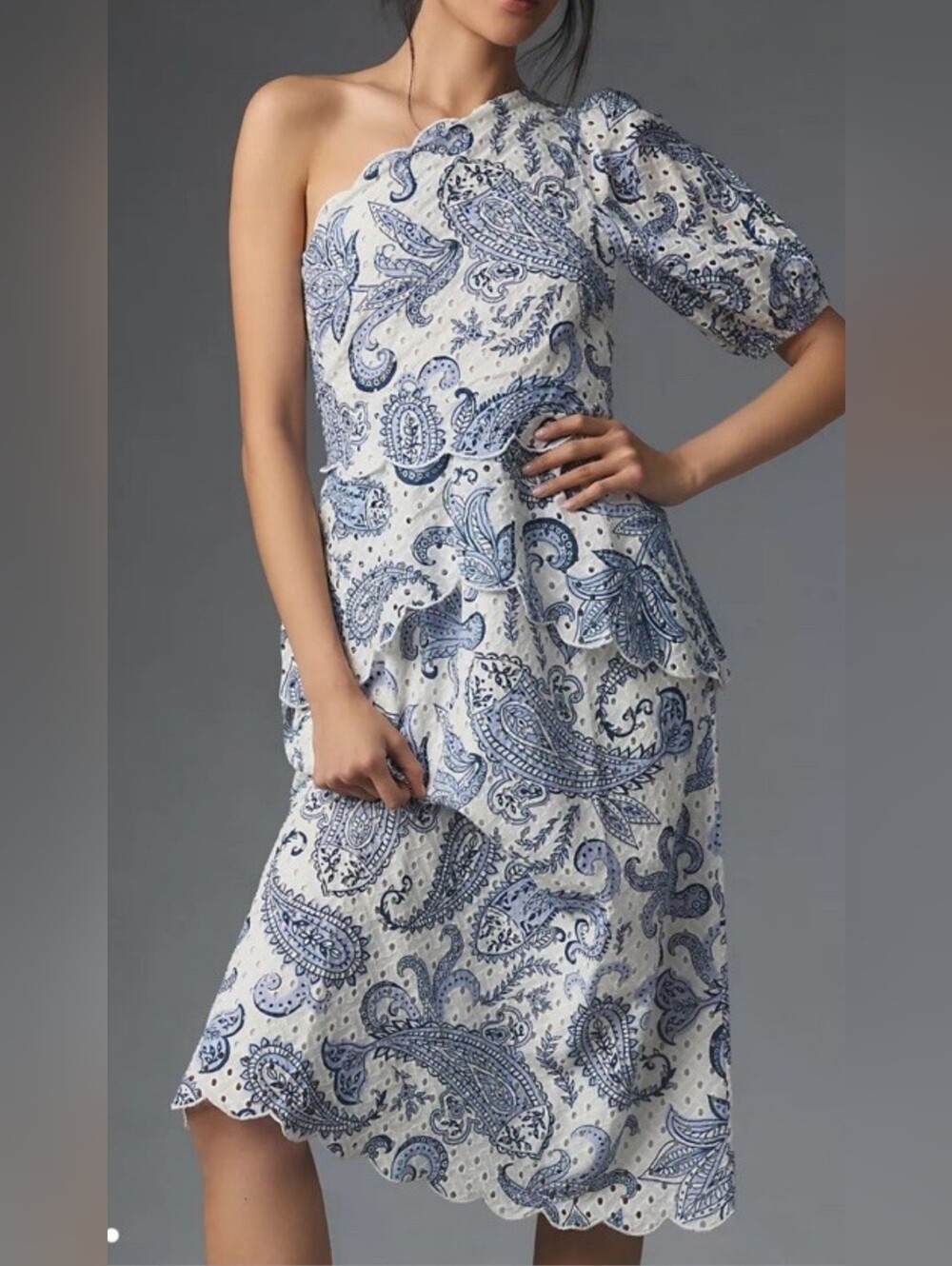 Farm Rio Eyelit Midi Dress. One Shoulder